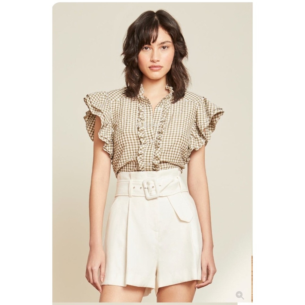 Veronica Beard‎ Tenille Gingham Short Sleeve Ruffle Button Down Olive Shirt XL